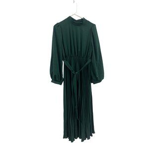 Shein Womens Long Sleeve Green Pleated Midi Dress With Tie Waist And Button Clos
